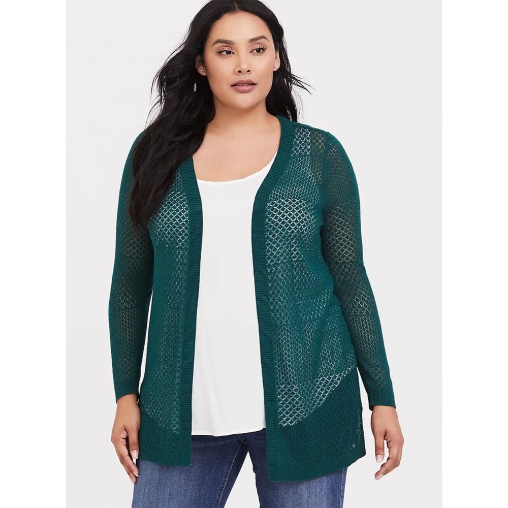 Torrid Pointelle Open Cardigan Sweater Dark Green Loose Knit Sz 3 Lightweight